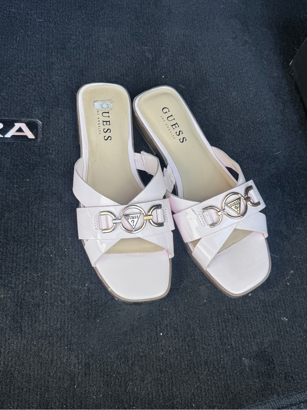 GUESS Women's Light Pink Patent Slide Sandals with Gold-Tone Logo Hardware